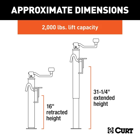CURT trailer jack with swivel feature providing 3000 lbs support and 2000 lbs lift capacity, ideal for various trailers.