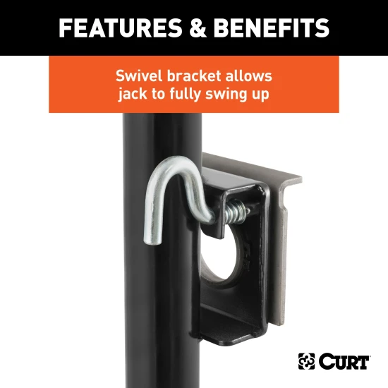 CURT trailer jack with swivel feature providing 3000 lbs support and 2000 lbs lift capacity, ideal for various trailers.