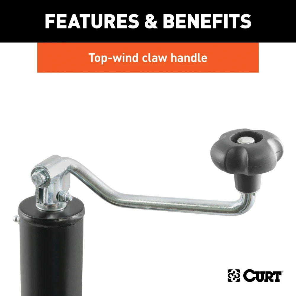 CURT trailer jack with swivel feature providing 3000 lbs support and 2000 lbs lift capacity, ideal for various trailers.