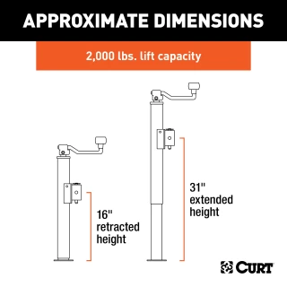 CURT pipe mount swivel trailer jack with 3000 lbs support and 2000 lbs lift capacity, featuring top-wind handle and 15-inch travel.