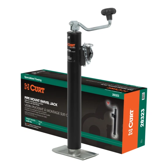 CURT Pipe Mount Swivel Jack with footplate, topwind handle, and 2000 lbs capacity.