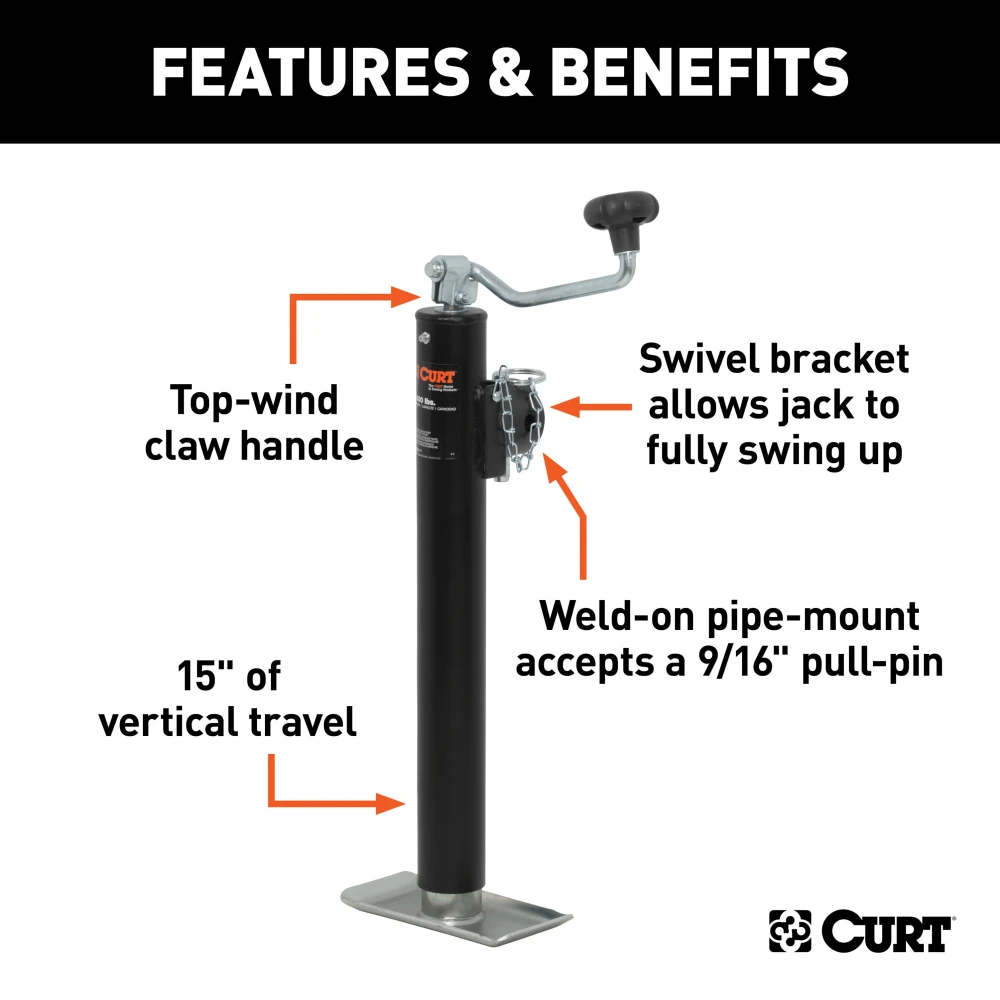 CURT Pipe Mount Swivel Jack with footplate, topwind handle, and 2000 lbs capacity.
