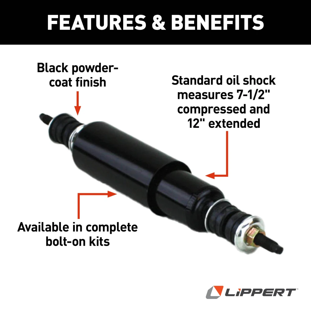 Black Lippert replacement shock for RV trailer suspension with bolt-on kit components