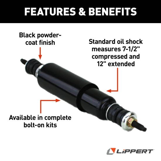 Black Lippert replacement shock for RV trailer suspension with bolt-on kit components