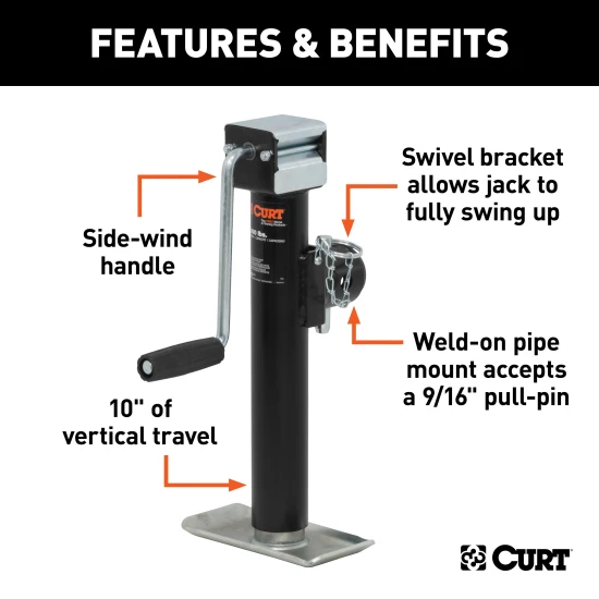 CURT swivel jack showing pipe mount, side-wind handle, footplate