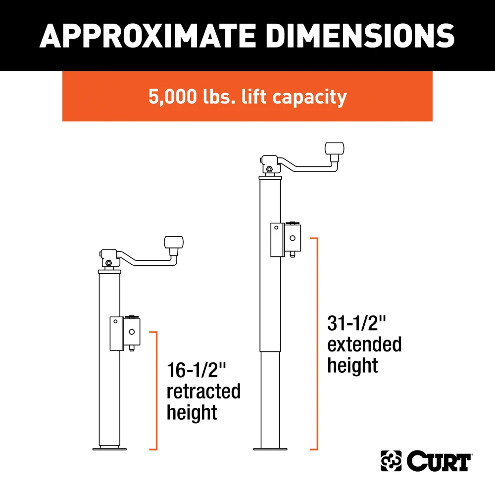 CURT pipe mount swivel jack with a foot plate, ideal for trailers up to 5,000 lbs.