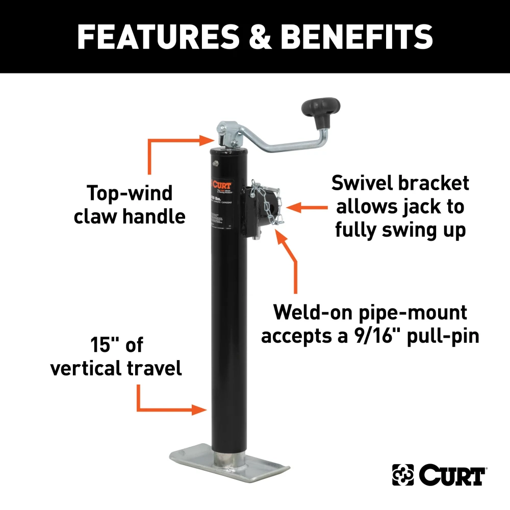 CURT pipe mount swivel jack with a foot plate, ideal for trailers up to 5,000 lbs.