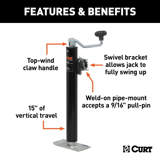 CURT pipe mount swivel jack with a foot plate, ideal for trailers up to 5,000 lbs.