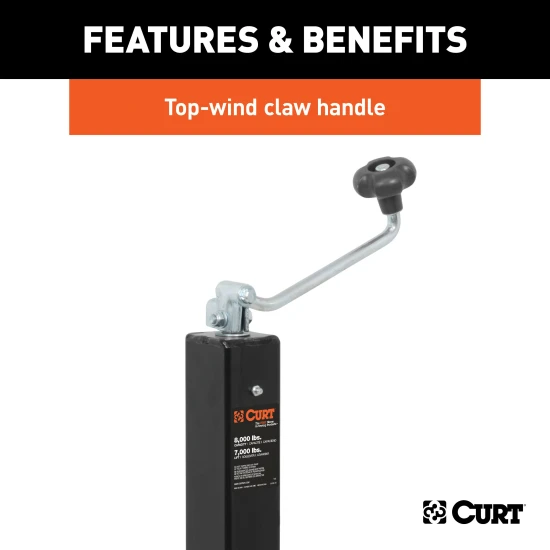 CURT direct weld square trailer jack with top-wind handle, 8,000 lbs support capacity and 7,000 lbs lift capacity