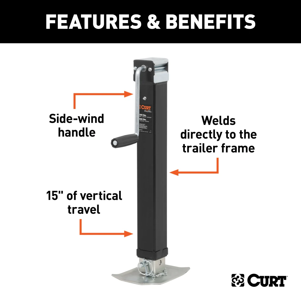 CURT trailer jack with side-wind handle, 8,000 lbs support capacity, and footplate for stability.