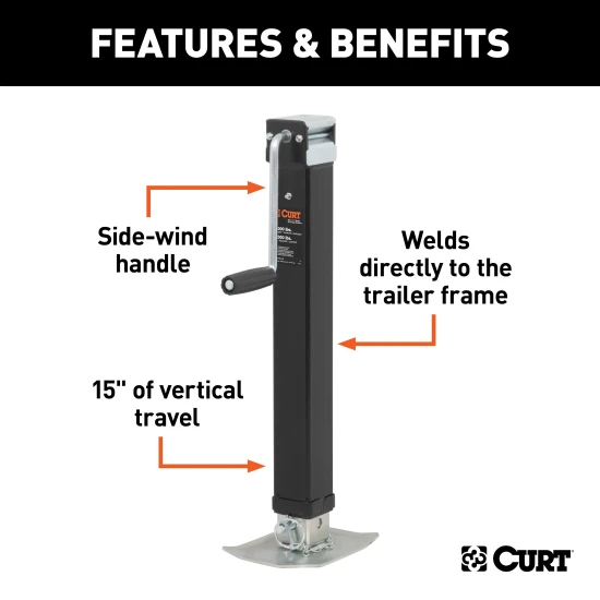 CURT trailer jack with side-wind handle, 8,000 lbs support capacity, and footplate for stability.