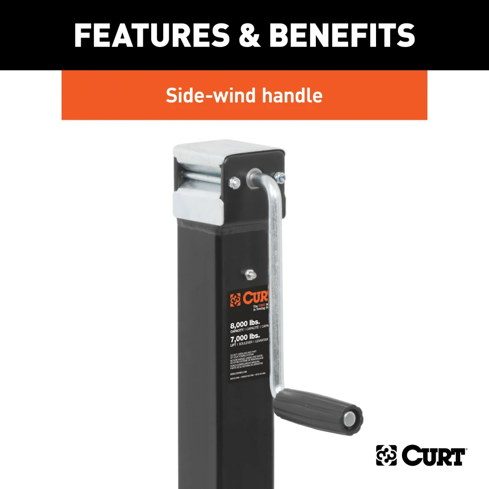 CURT trailer jack with side-wind handle, 8,000 lbs support capacity, and footplate for stability.