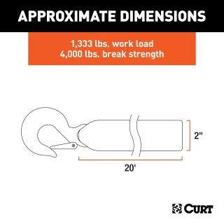 CURT 20-foot strap with zinc hook, 1,333 lbs work load limit for easy boat trailering.