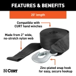 CURT 20-foot strap with zinc hook, 1,333 lbs work load limit for easy boat trailering.