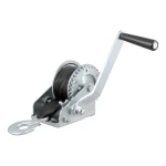 CURT hand winch with a 15' strap and zinc-plated snap hook for boat trailers