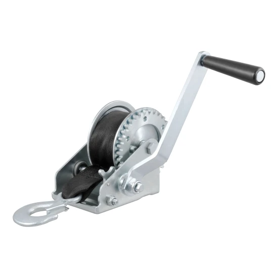 CURT hand winch with a 15' strap and zinc-plated snap hook for boat trailers