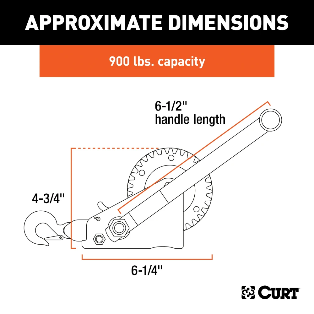 CURT hand winch with a 15' strap and zinc-plated snap hook for boat trailers