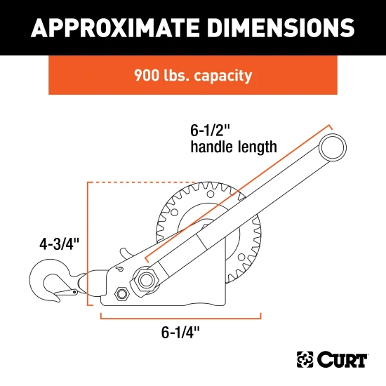 CURT hand winch with a 15' strap and zinc-plated snap hook for boat trailers