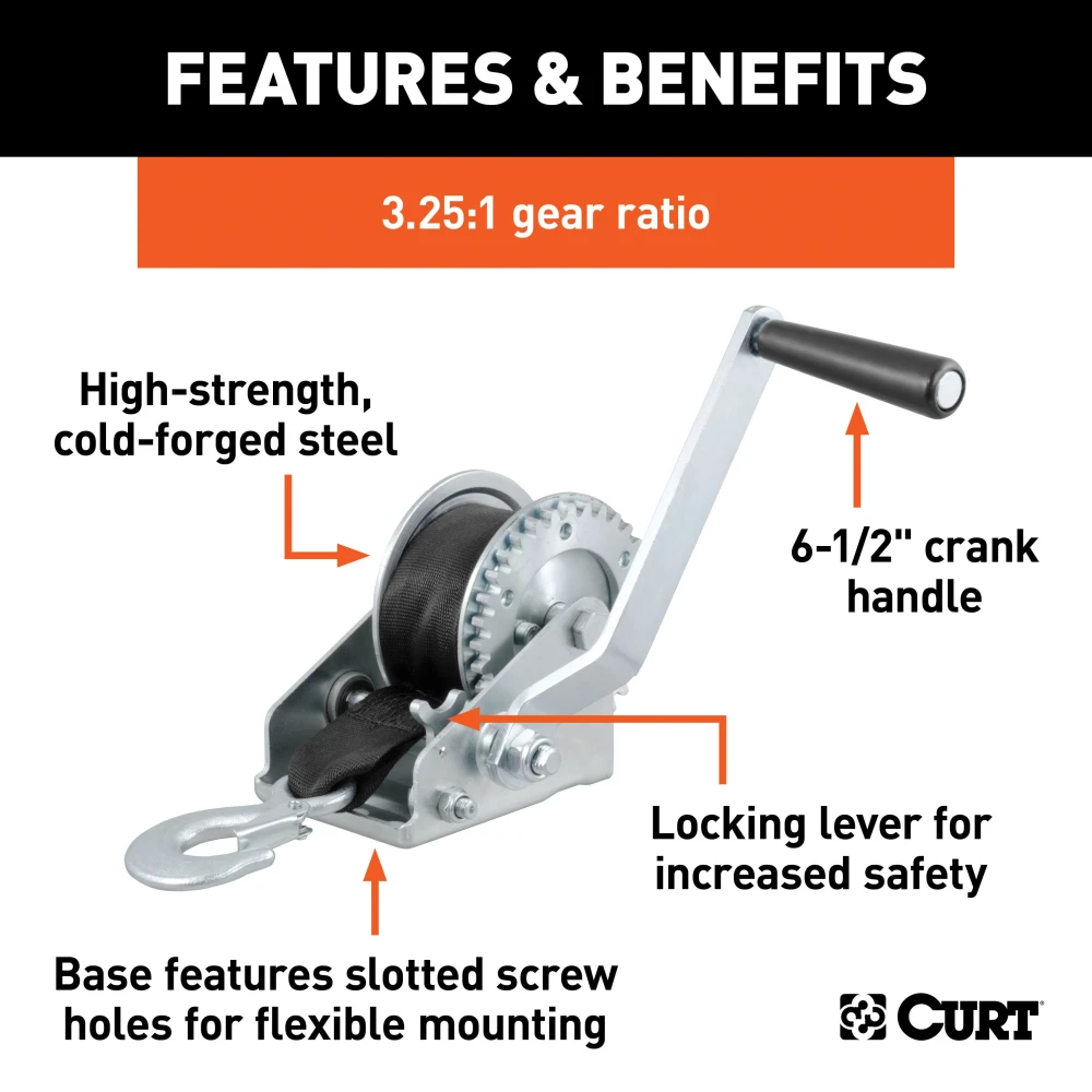 CURT hand winch with a 15' strap and zinc-plated snap hook for boat trailers