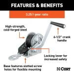 CURT hand winch with a 15' strap and zinc-plated snap hook for boat trailers