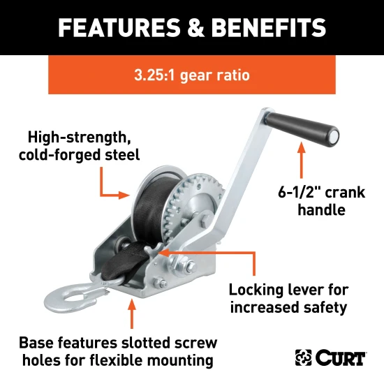 CURT hand winch with a 15' strap and zinc-plated snap hook for boat trailers