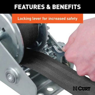 CURT hand winch with a 15' strap and zinc-plated snap hook for boat trailers
