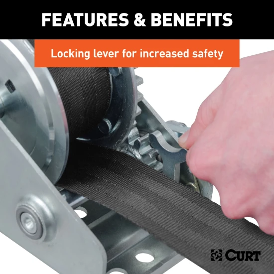 CURT hand winch with a 15' strap and zinc-plated snap hook for boat trailers