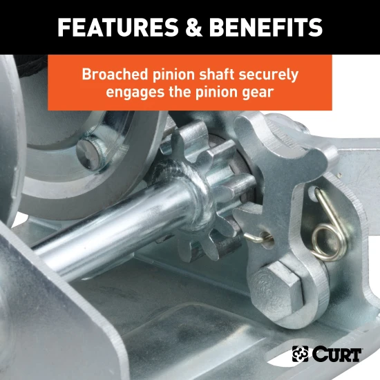 CURT hand winch with a 15' strap and zinc-plated snap hook for boat trailers