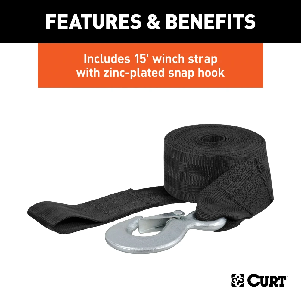 CURT hand winch with a 15' strap and zinc-plated snap hook for boat trailers