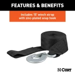 CURT hand winch with a 15' strap and zinc-plated snap hook for boat trailers