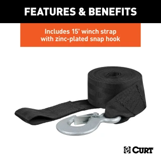 CURT hand winch with a 15' strap and zinc-plated snap hook for boat trailers