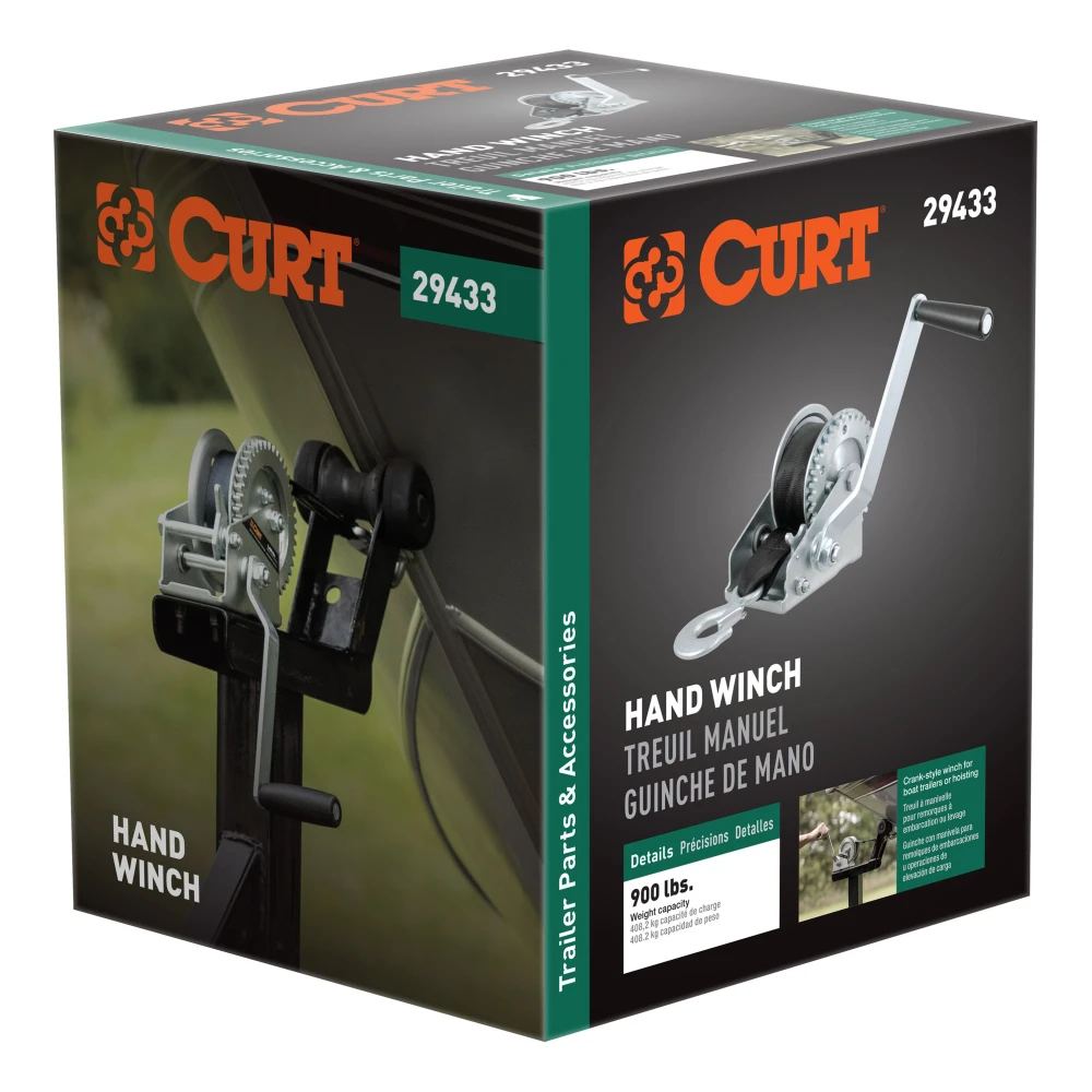 CURT hand winch with a 15' strap and zinc-plated snap hook for boat trailers