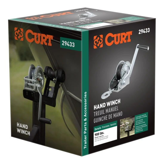 CURT hand winch with a 15' strap and zinc-plated snap hook for boat trailers