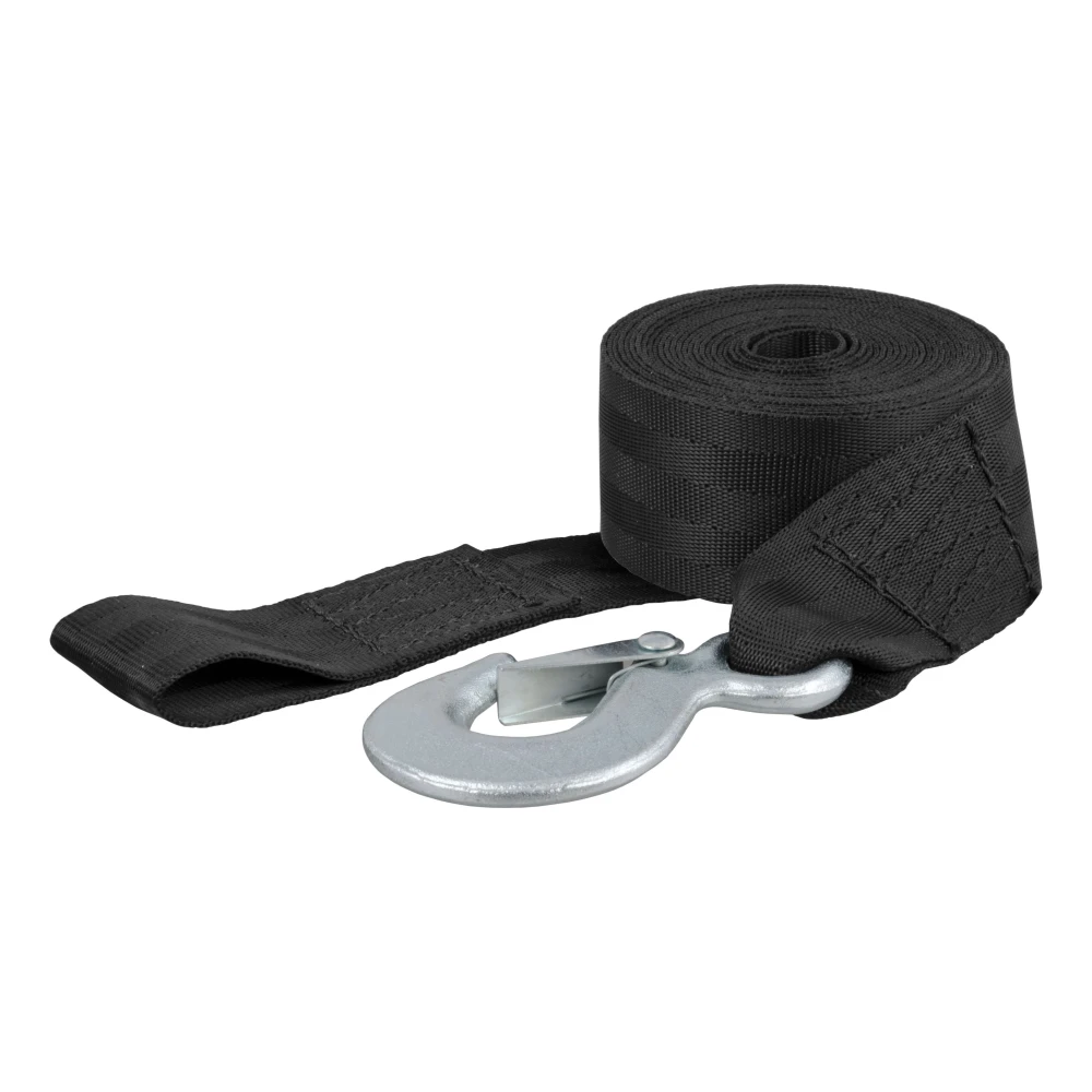CURT winch strap with a zinc-plated snap hook, 15 feet long