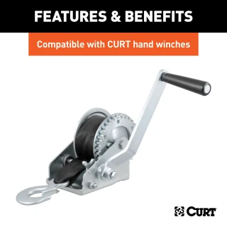 CURT winch strap with a zinc-plated snap hook, 15 feet long