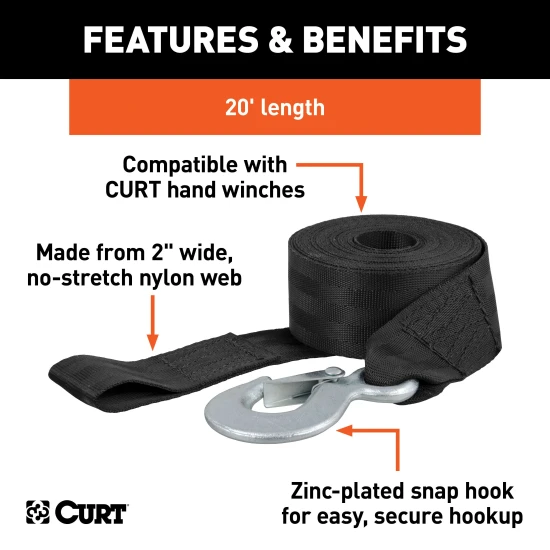 CURT winch strap with nylon web, zinc snap hook, and 20 ft length