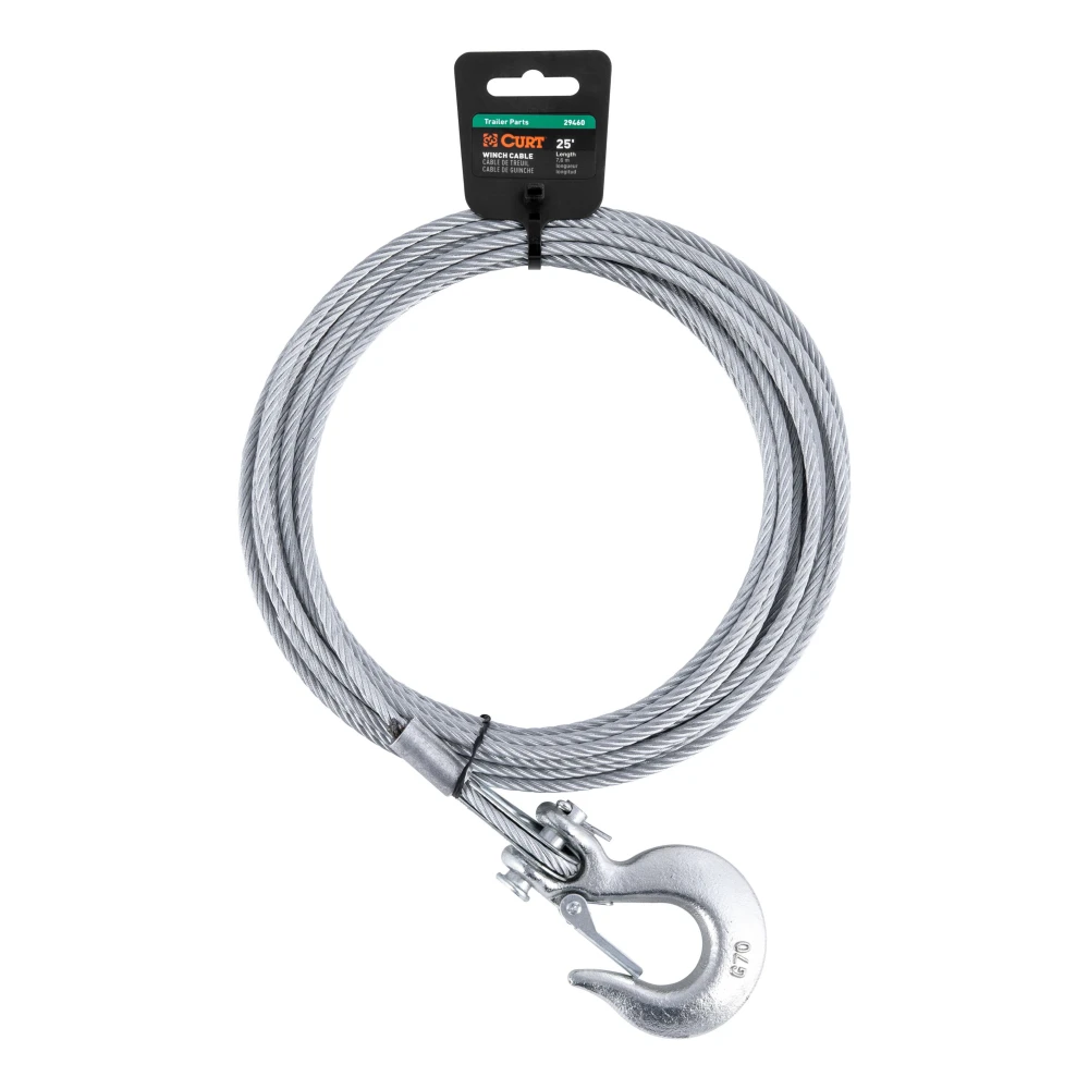 CURT winch cable with zinc snap hook, 25 feet long, for boat trailers