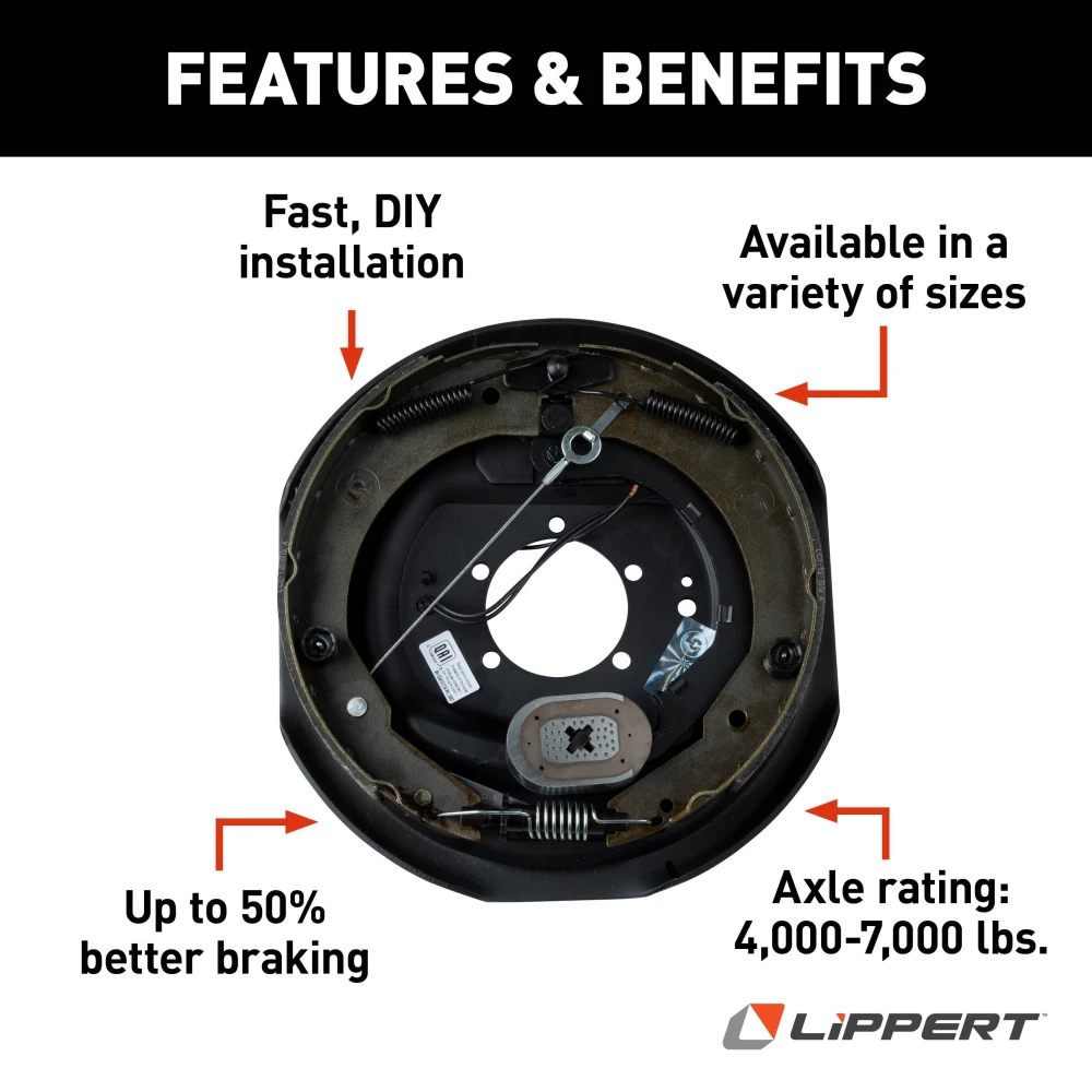 Lippert right-hand electric brake assembly for 15" to 17.5" wheels and 5,200-8,000 lb axles.