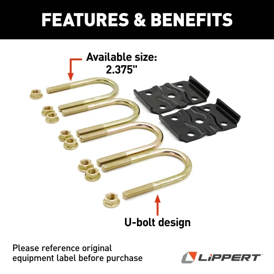 Lippert replacement axle mounting kit for RV trailer with U-bolt design for easy installation.