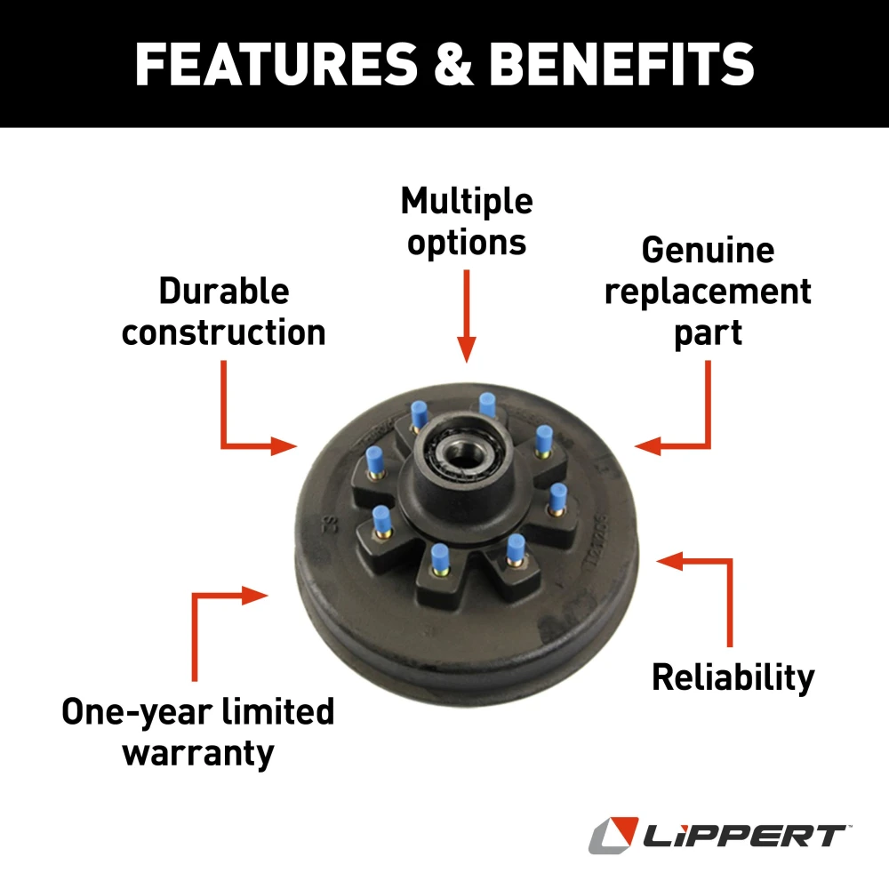 Lippert Durable Iron Brake Hub Assembly for 12,000-lb Axles Lippert brake hub assembly for 12-1/4 x 5 brake, with 8 on 6.5 bolt pattern, fits 12,000-lb axle
