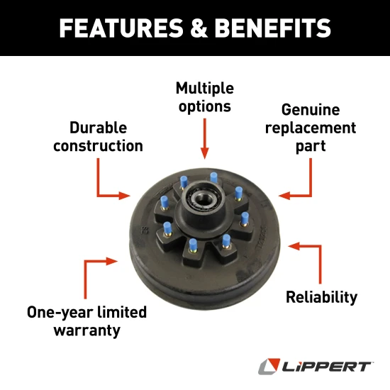 Lippert Durable Iron Brake Hub Assembly for 12,000-lb Axles Lippert brake hub assembly for 12-1/4 x 5 brake, with 8 on 6.5 bolt pattern, fits 12,000-lb axle