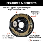 Lippert Right-Hand Electric Brake Assembly for Trailer Axles Lippert replacement standard electric brake assembly, right-hand installation, compatible with 5,200 to 8,000 lbs axles.