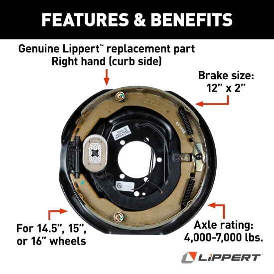 Lippert Right-Hand Electric Brake Assembly for Trailer Axles Lippert replacement standard electric brake assembly, right-hand installation, compatible with 5,200 to 8,000 lbs axles.