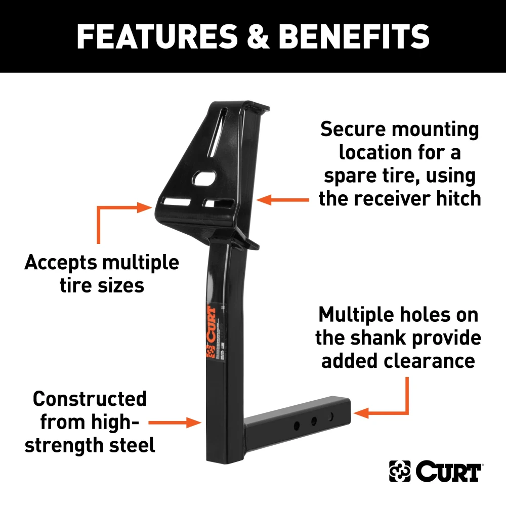 CURT spare tire mount installed on a vehicle hitch receiver