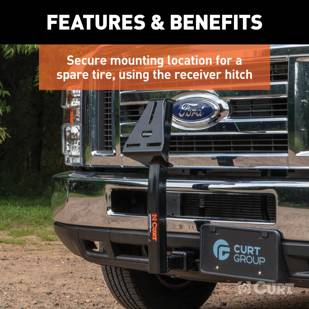 CURT spare tire mount installed on a vehicle hitch receiver