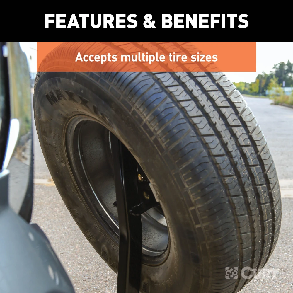 CURT spare tire mount installed on a vehicle hitch receiver