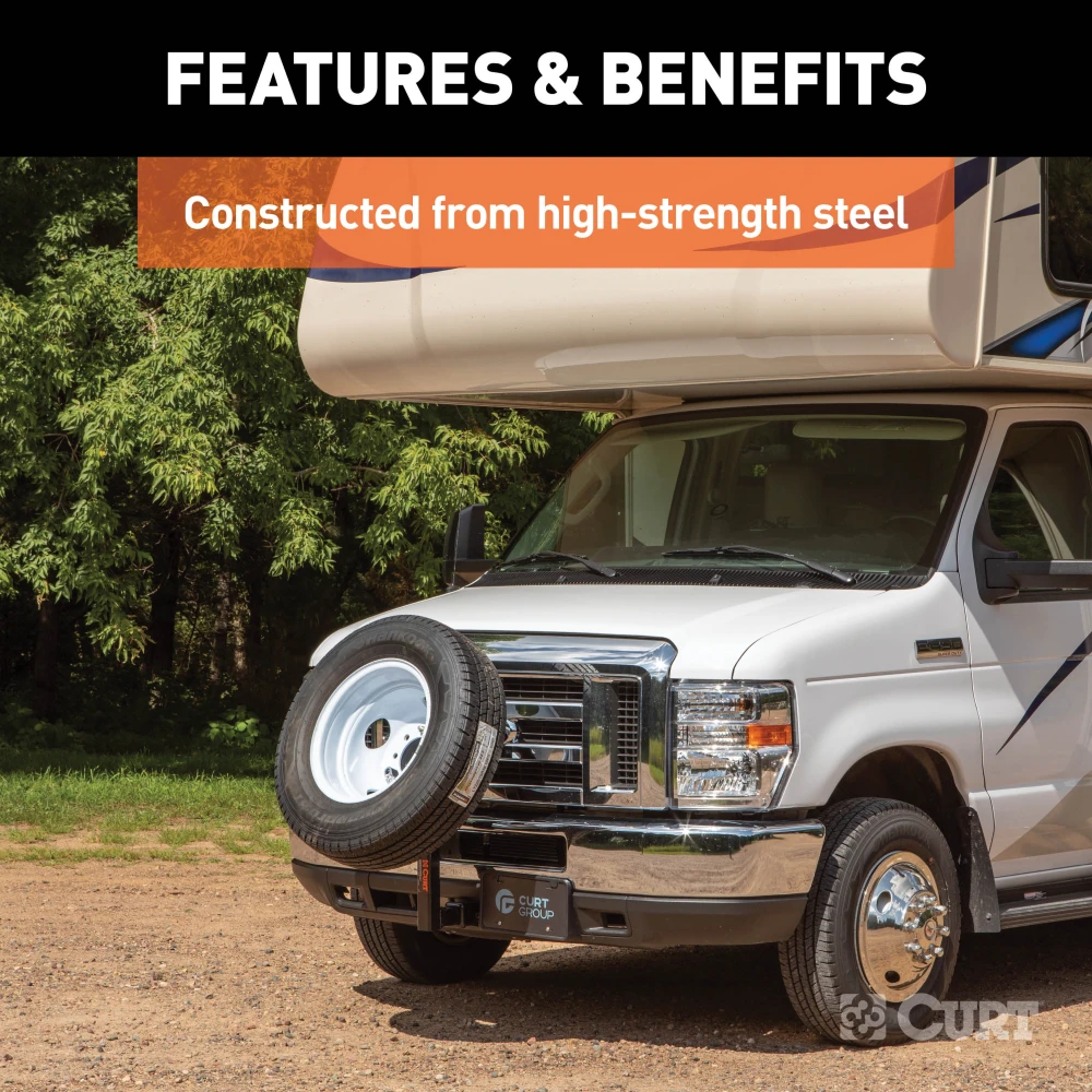 CURT spare tire mount installed on a vehicle hitch receiver