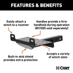 A robust CURT winch mount fitting a 2x2 hitch receiver with skid shield protection.