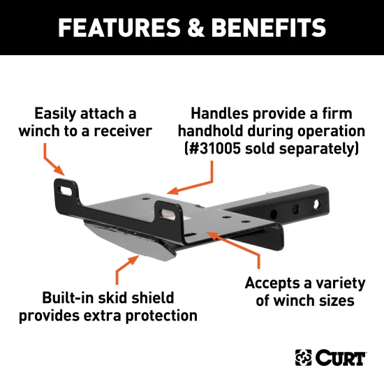 A robust CURT winch mount fitting a 2x2 hitch receiver with skid shield protection.