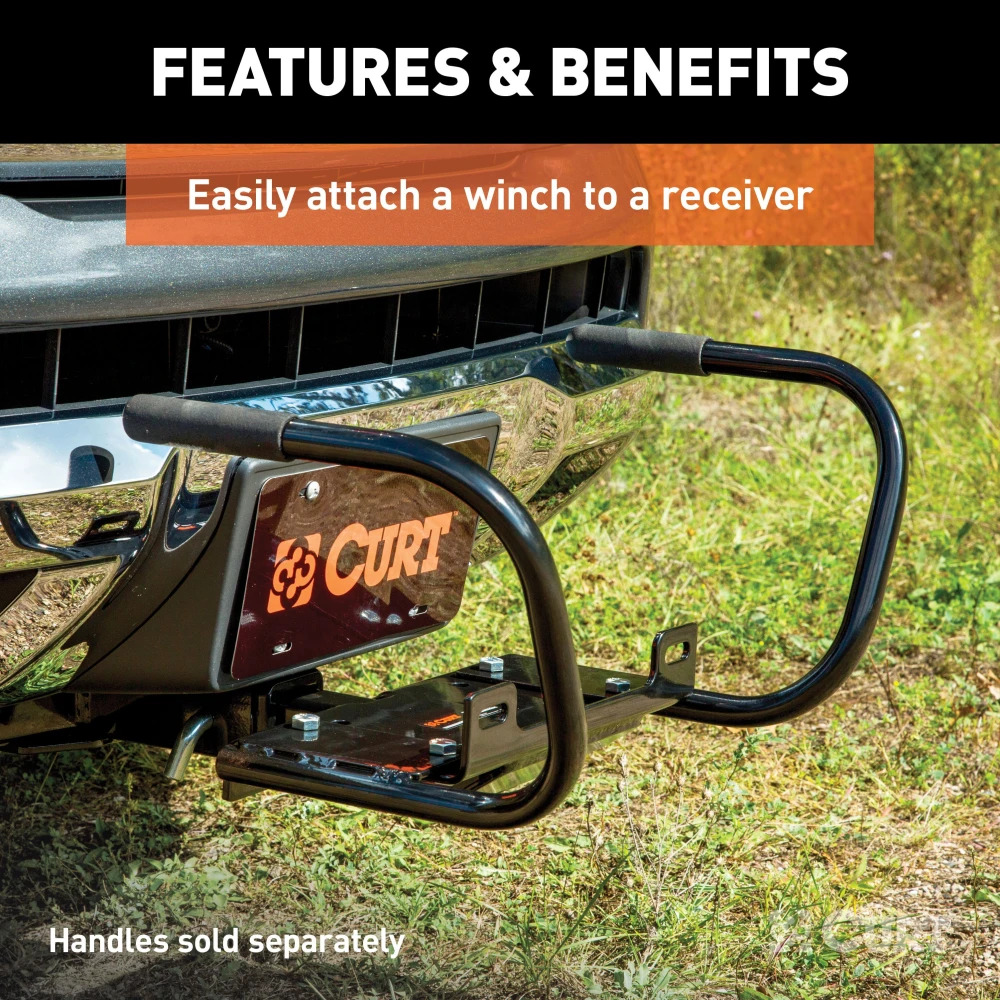 A robust CURT winch mount fitting a 2x2 hitch receiver with skid shield protection.
